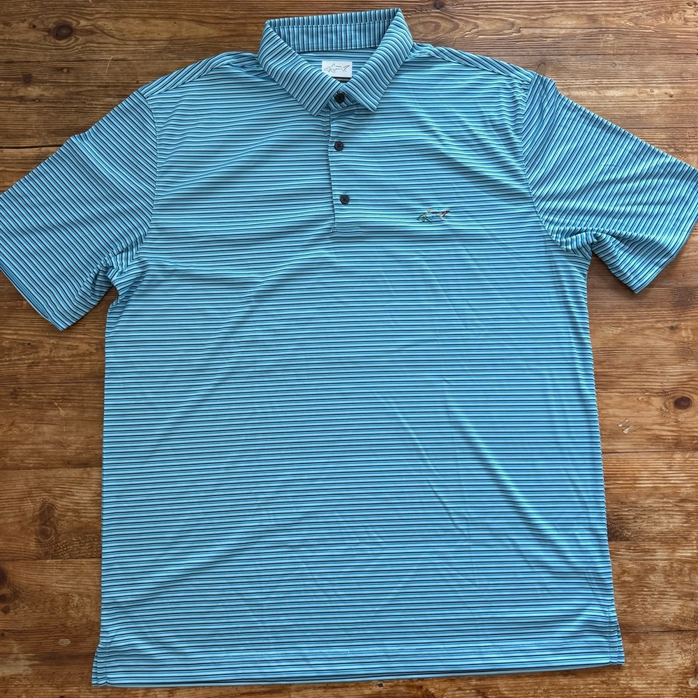 Greg Norman Play Dry Shark Golf Polo‎ Shirt Blue/Black Striped Men's Large EUC